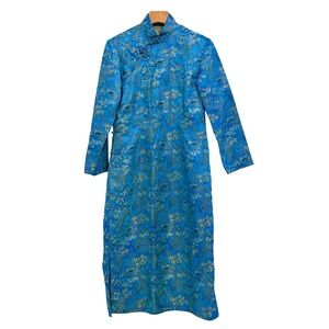 VTG! Traditional Cheongsam Chinese Blue Dress Brocade‎ Pagoda Long Sleeve M/L